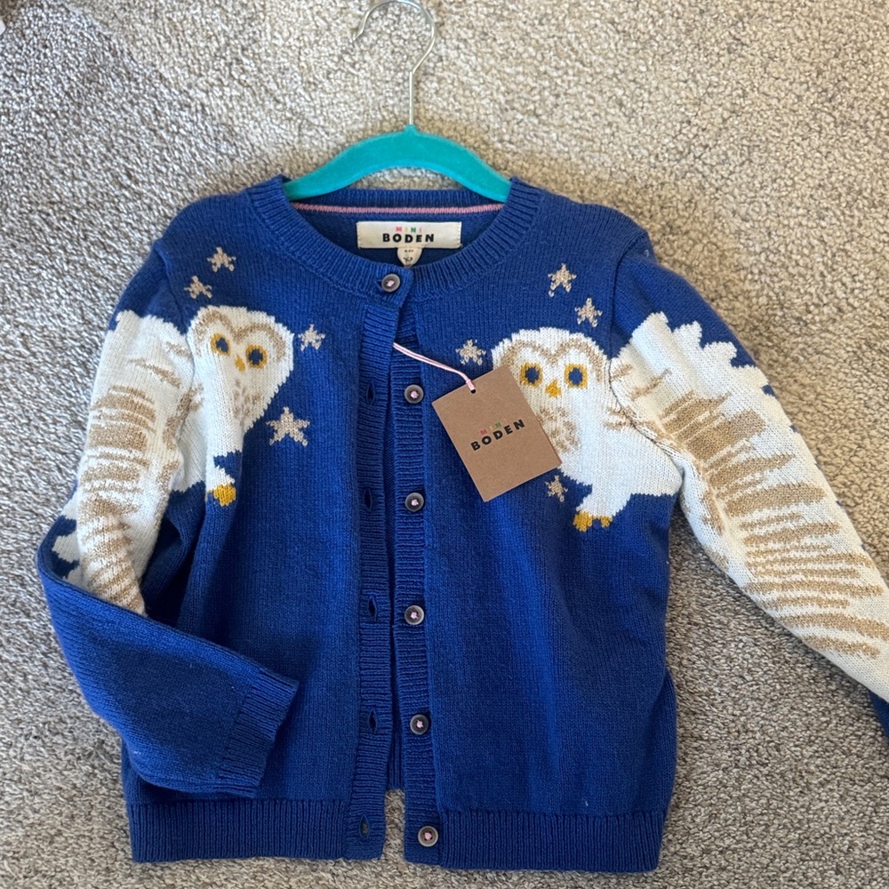 Boden Royal Blue Owl Intarsia Cardigan